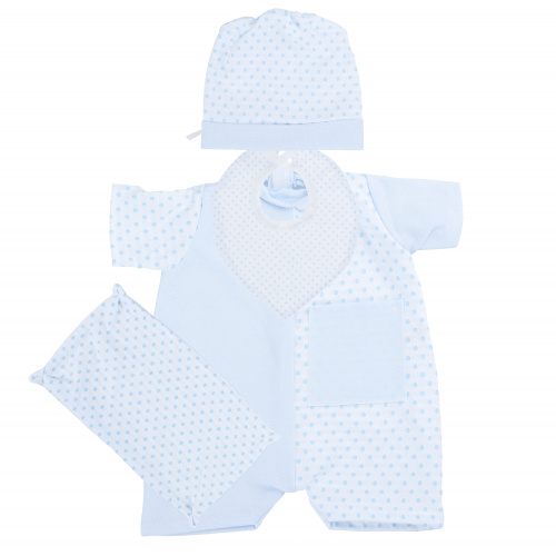 91152-10 Одежда для кукол и пупсов 50 - 55 см, комбинезон голубой, шапка, слюнявчик, платочек