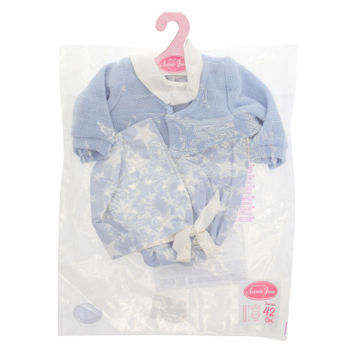 91042-12 Комплект одежды для кукол 42 см, голубое боди-комбинезон, шапка, кофта